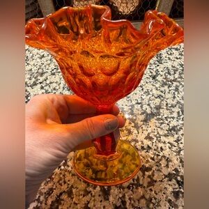 Vintage Amber-Orange Hobnail Glass Compote